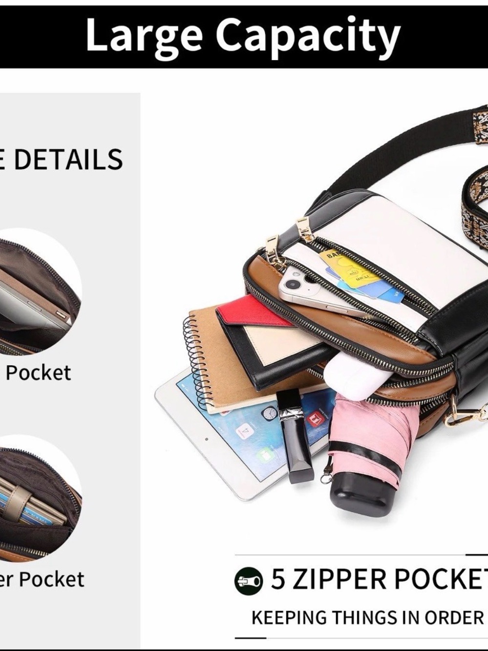 GAEKEAO Women’s Crossbody Purse Multi Pocket Shoulder Handbag Black/White/Brown - Picture 5 of 10